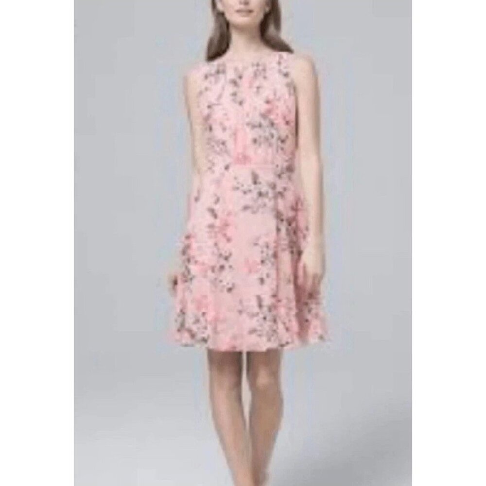 WHBM Dress 10 Pink Gray Floral Sleeveless A Line Summer Career Church Washable